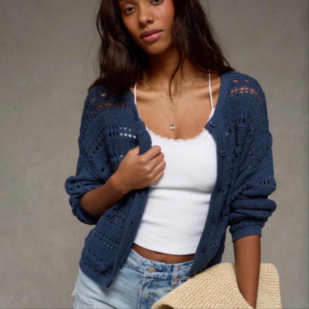 American Eagle Open Stitch Cardigan Midnight Blue Boho Knit Button Sweater Sz S